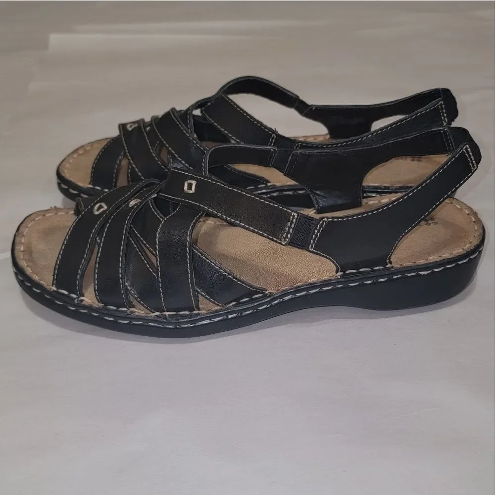 Naturalizer Craft Black Leather Strappy Comfort Sandals w Thick Stitching Sz 9.5